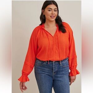 Torrid size 00x 10 M/L Stripe Gauze Lace-Up Peasant Top